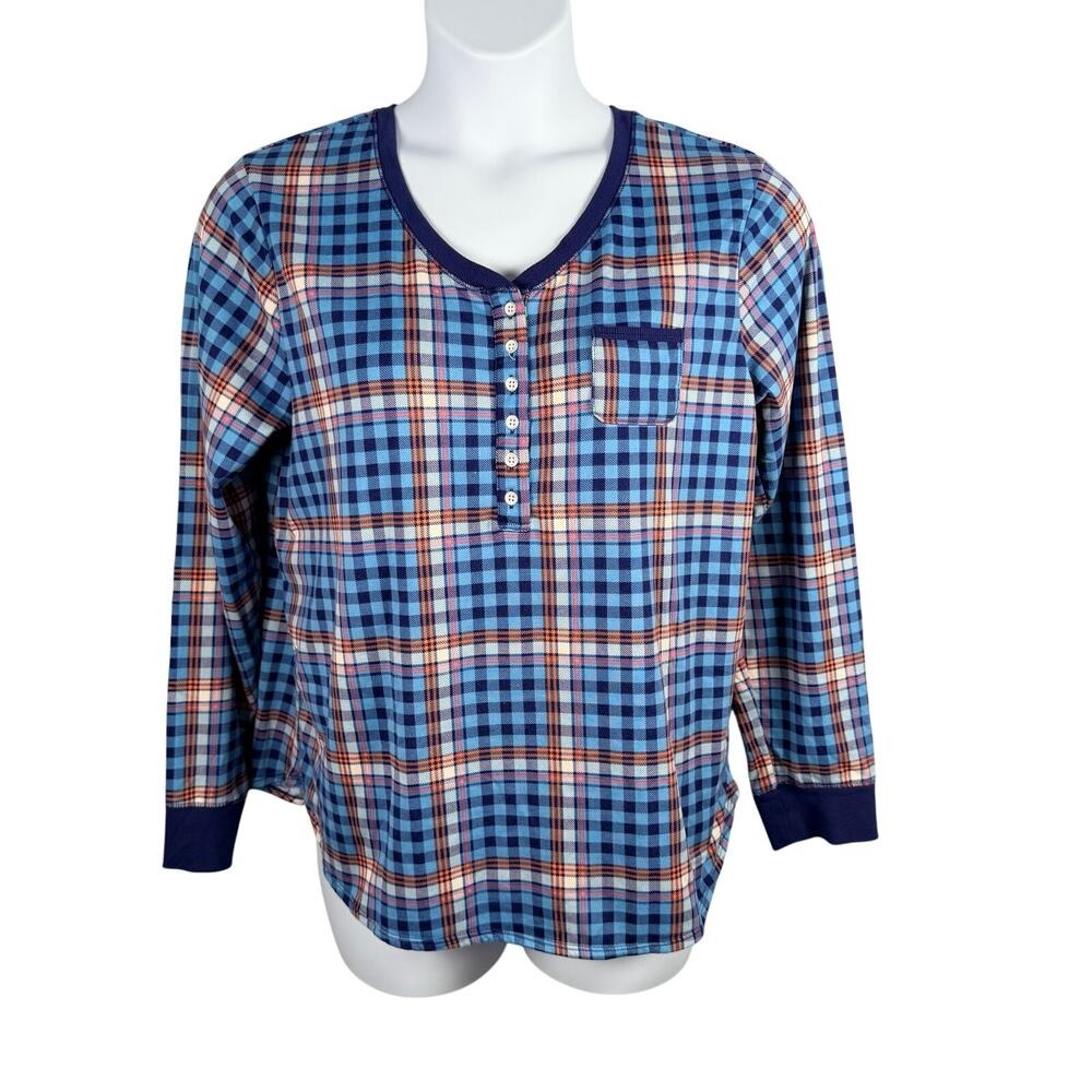Cuddl Duds Top Large Blue Plaid Fleece Henley V-neck Pocket Tee Cozy Cabin